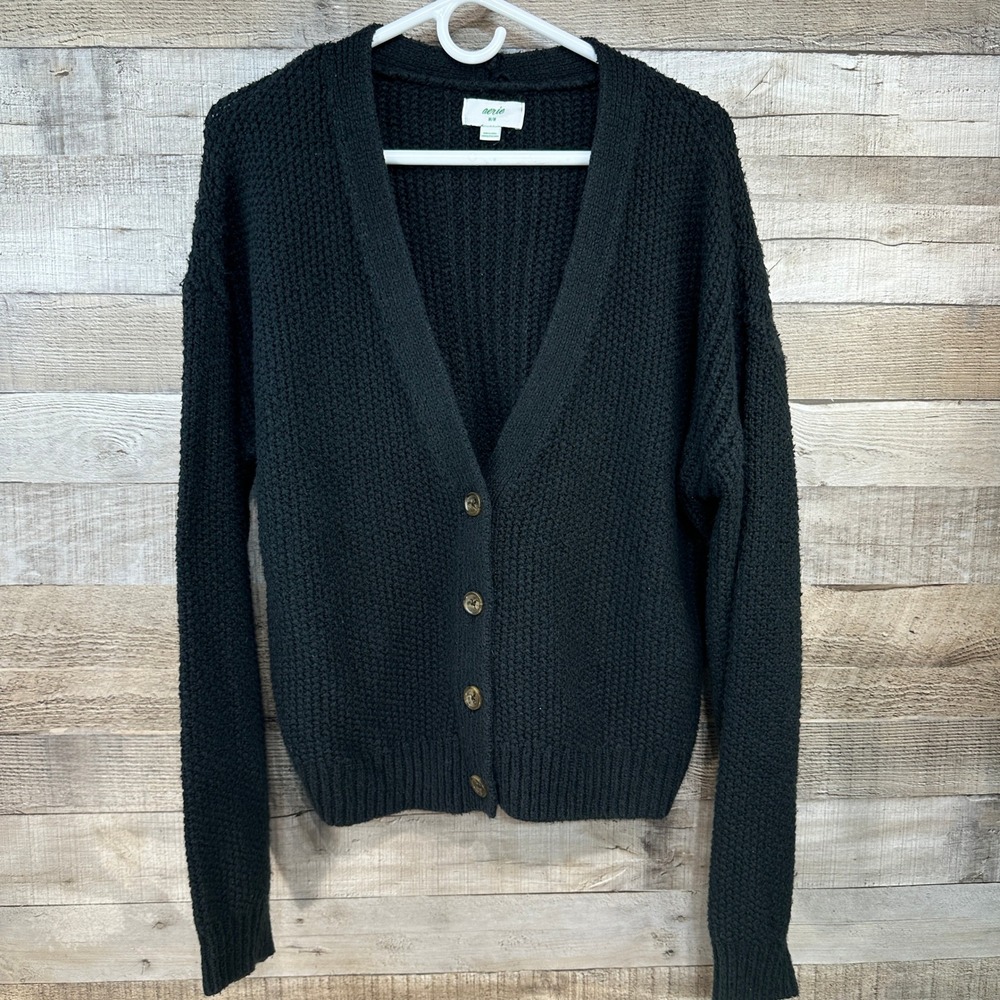 Aerie Womens Black Chunky Knit V-Neck Button Front Cardigan Sweater Size M